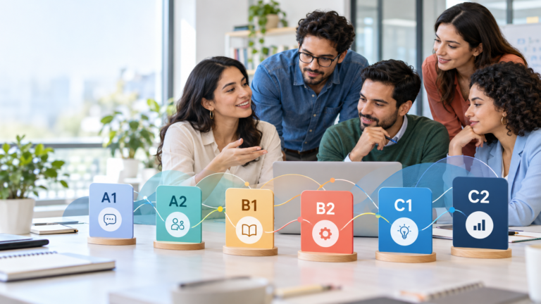 Profesionales analizan un perfil de competencias de inglés representado por los niveles A1, A2, B1, B2, C1 y C2.